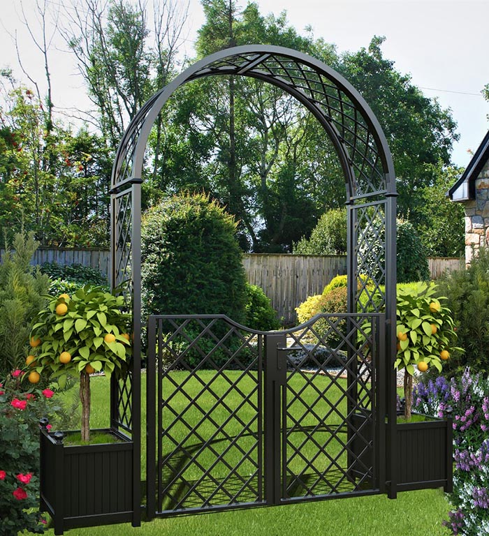 Portofino Garden Arch With Planters And, Steel Garden Arch With Gate