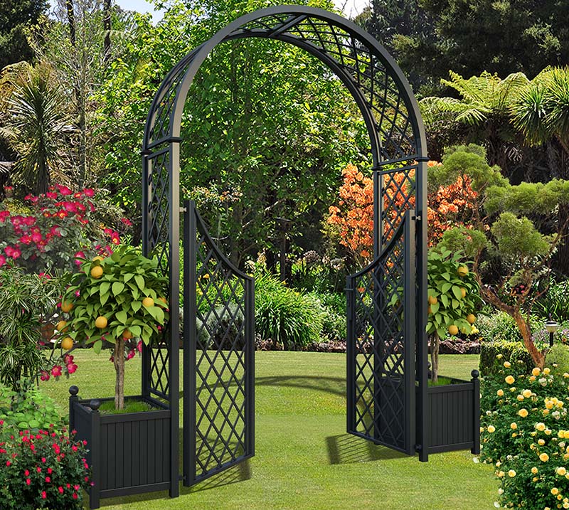 Portofino Garden Arch With Planters And, Iron Garden Arbor With Gate