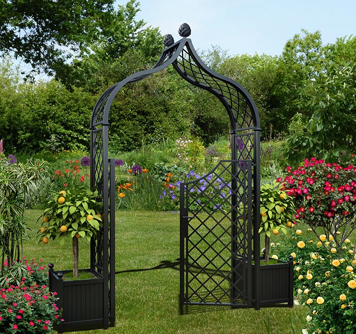 Brighton Garden Arch With Two Planters, Metal Garden Arbour With Gate