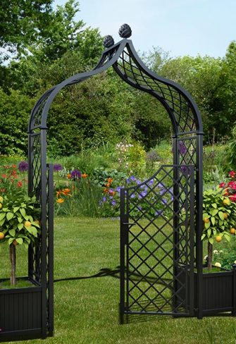 The Metal Garden Arch 'Brighton' with double gate and versailles planters