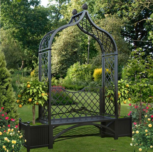 Metal Arbour Seat 'Brighton' with two versailles planter boxes