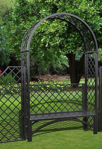 Metall Rosenbogen Portofino mit Gartenbank und 150 cm hohem Zaun