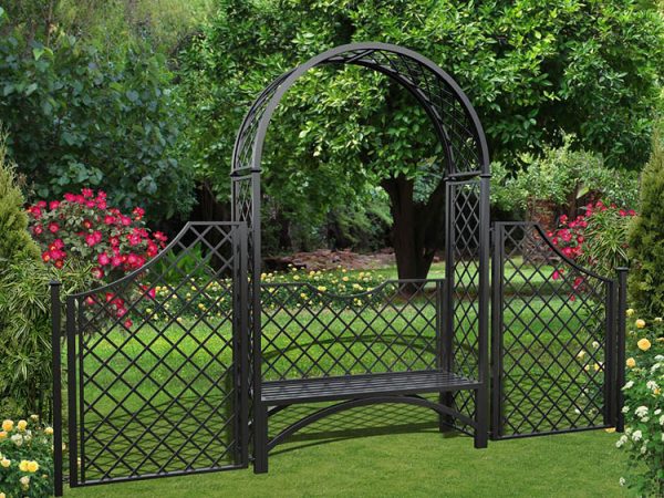 Metall Rosenbogen Portofino mit Gartenbank und 150 cm hohem Zaun