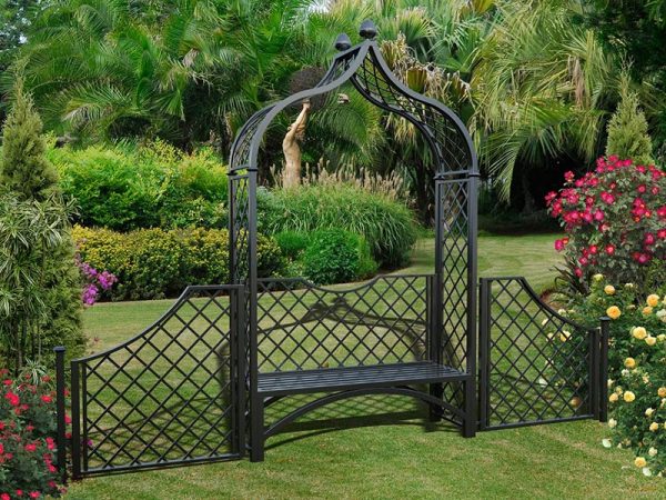 Metall Rosenbogen Brighton mit Gartenbank und 110 cm hohem Zaun