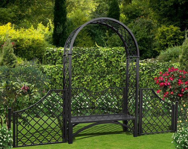 Metall Rosenbogen Portofino mit Gartenbank und 110 cm hohem Zaun