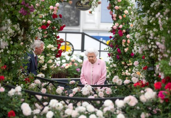 Her Majesty Queen Elizabeth II visiting the Buscot Park Wedding Gazebo by Classic Garden Elements at the Chelsea Flower Show in 2018