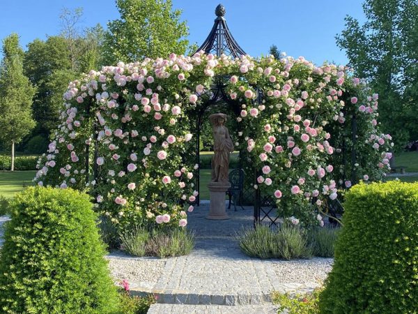 The Schoenbrunn Wrought-Iron Gazebo by Classic Garden Elements with a statue in the middle