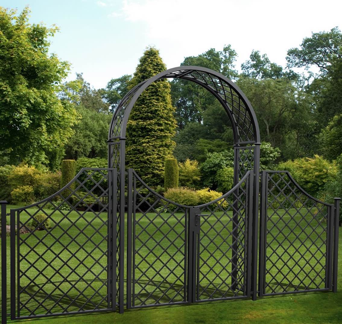 Metal Round Top Garden Arch with Double Gate and Side Fence as Entrance to a Park