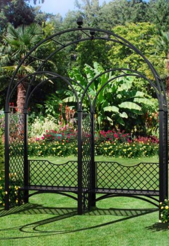 The Speke Hall Wedding Metal Arch – Triple Arch with Double Bench by Classic Garden Elements