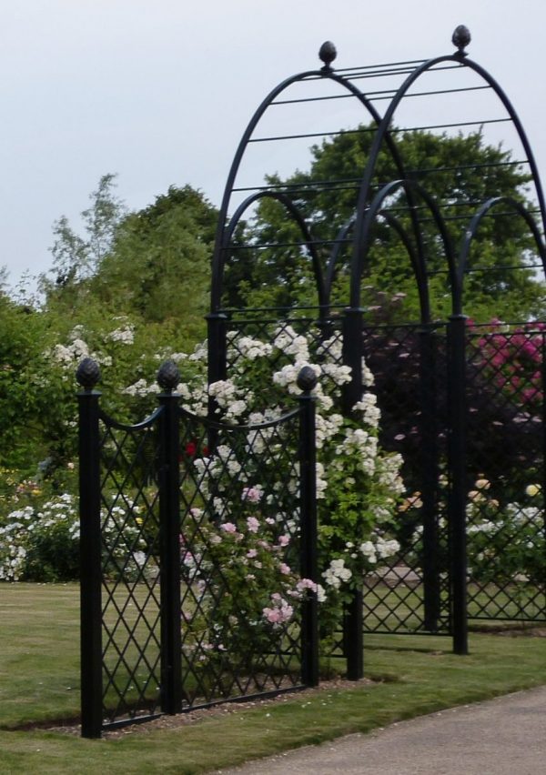 The Speke Hall Wedding Metal Arch – Triple Arch with Railing Panels in black, by Classic Garden Elements