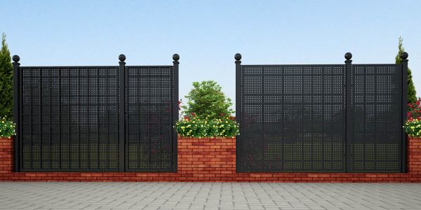 Wide-angled view of the Gropius Iron Railing Privacy Screen by Classic Garden Elements