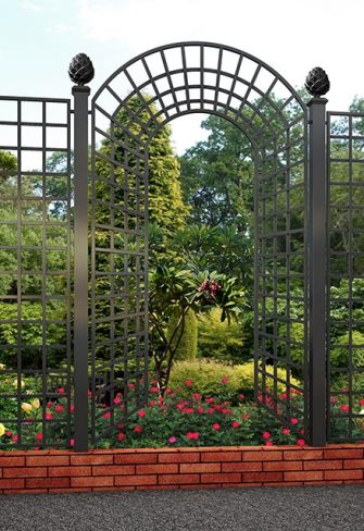 The Sezincote Grand Set Wrought-Iron Railing by Classic Garden Elements with pine-cone finials