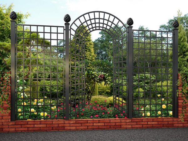 The Sezincote Grand Set Wrought-Iron Railing by Classic Garden Elements with pine-cone finials
