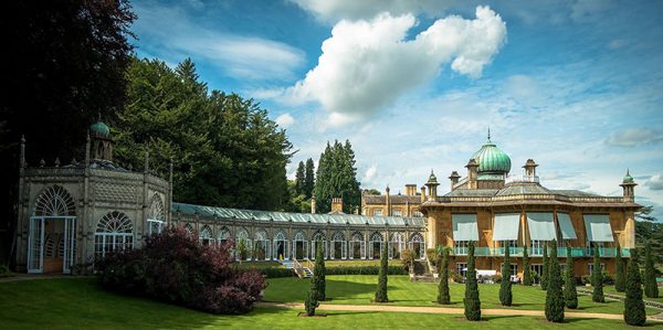 Wide-angled view of the exterior of Sezincote House in Gloucestershire, England