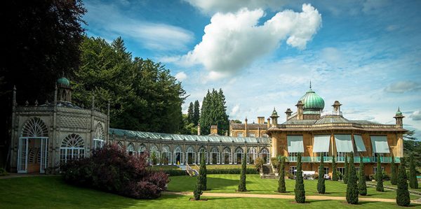 Wide-angled view of the exterior of Sezincote House in Gloucestershire, England