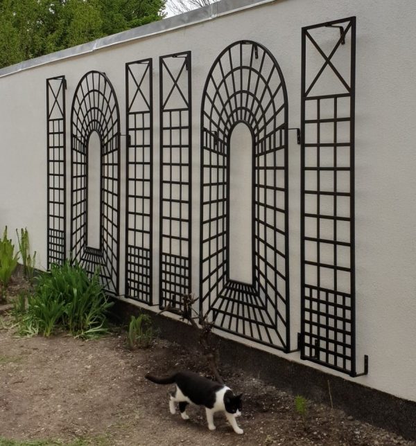 A cat walking past the Croome Treillage Panel Set by Classic Garden Elements