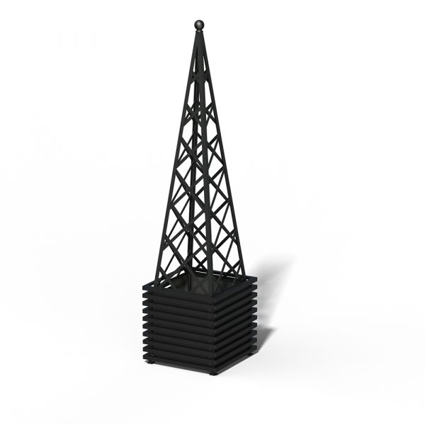 The Ibiza Planter with Abusir Pyramid Trellis by Classic Garden Elements, powder coated in RAL 9005 Jet black