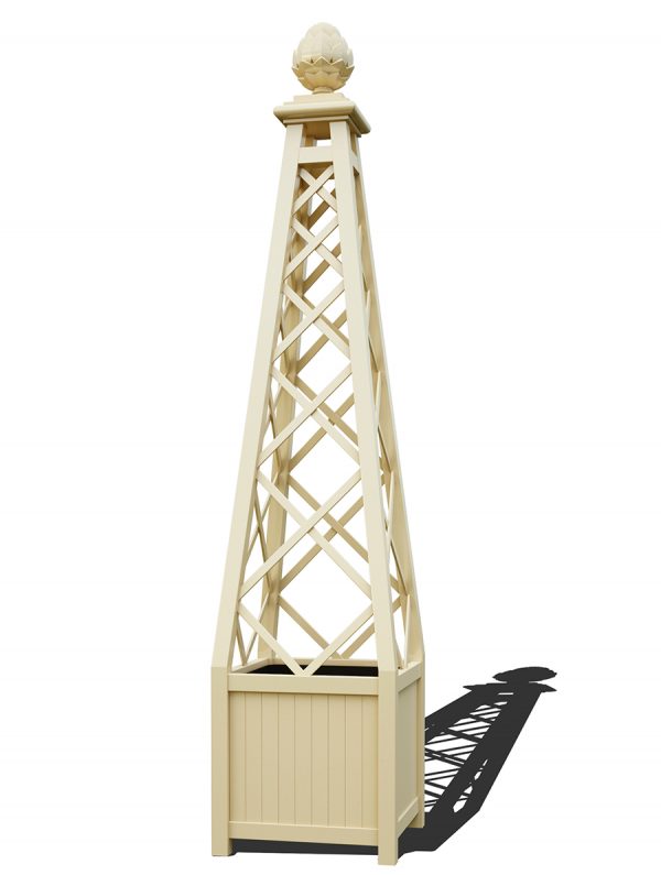 The Versailles Planter with Memphis Pyramid Trellis, powder coated in RAL 1015 Light ivory
