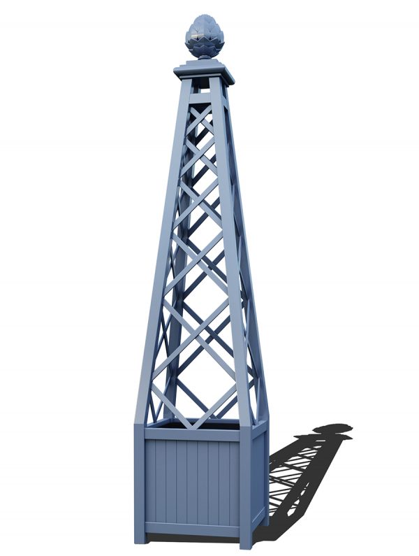 The Versailles Planter with Memphis Pyramid Trellis, powder coated in RAL 5014 Pigeon blue