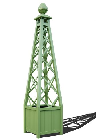 The Versailles Planter with Memphis Pyramid Trellis, powder coated in RAL 6021 Pale green
