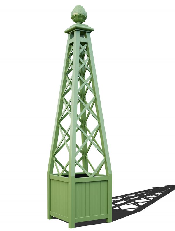 The Versailles Planter with Memphis Pyramid Trellis, powder coated in RAL 6021 Pale green