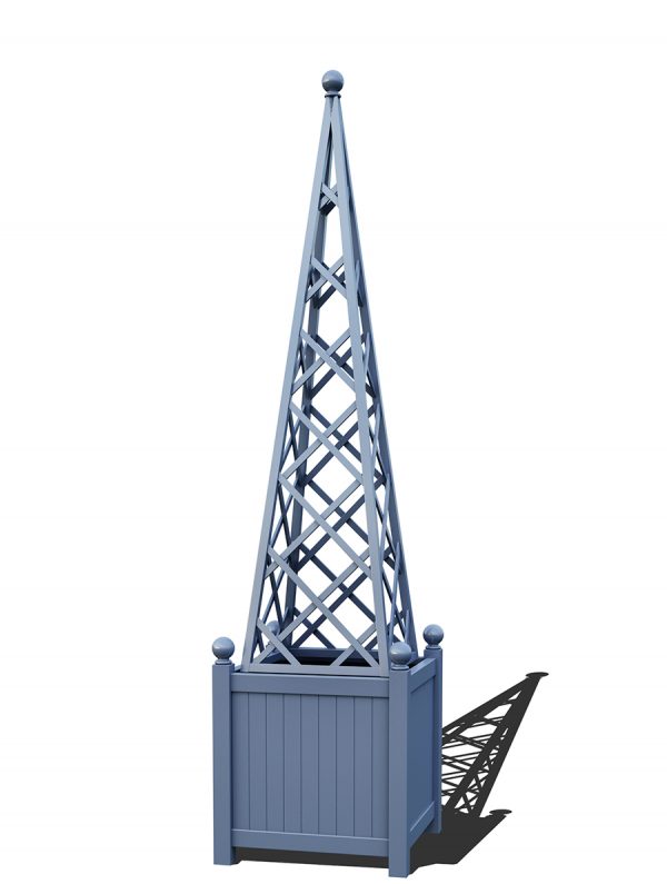 The Versailles Planter with Abusir Pyramid Trellis, powder coated in RAL 5014 Pigeon blue