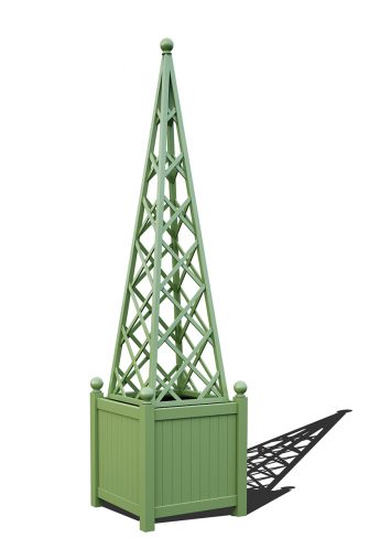 The Versailles Planter with Abusir Pyramid Trellis, powder coated in RAL 6021 Pale green