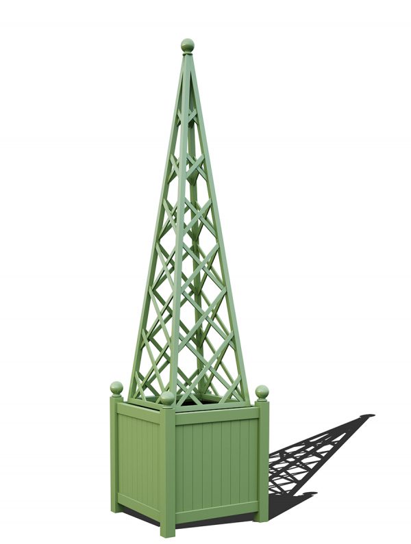 The Versailles Planter with Abusir Pyramid Trellis, powder coated in RAL 6021 Pale green
