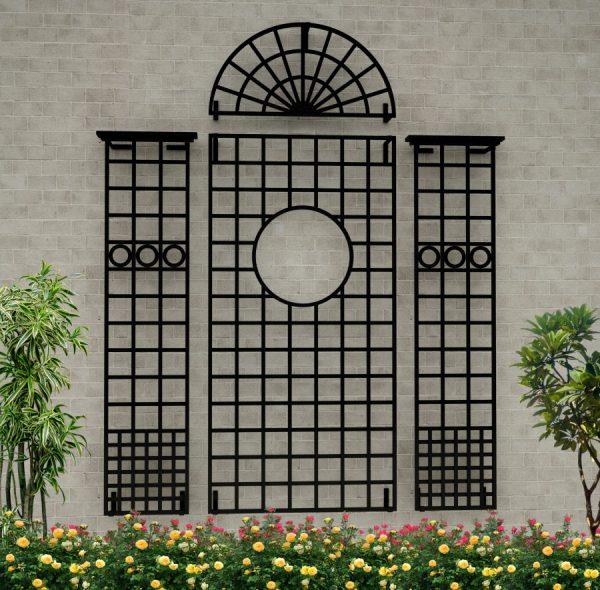 Stylish four-part metal wall trellis with playful, Tudor-inspired design