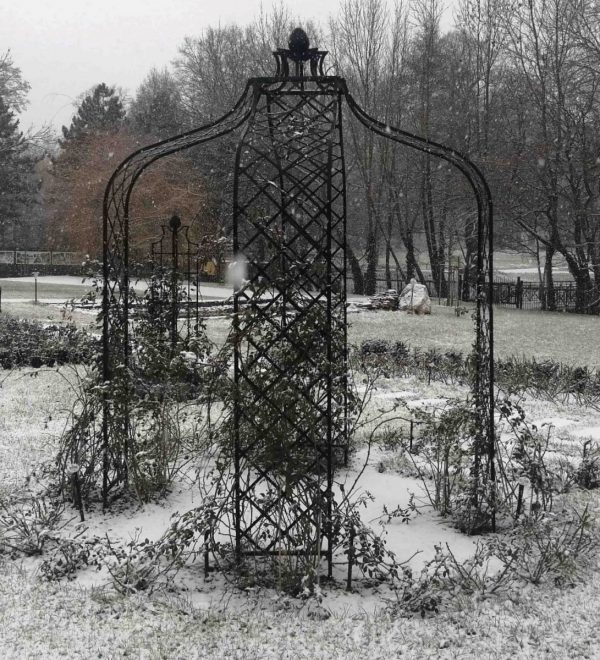 The Kiftsgate Gazebo by Classic Garden Elements in black, at the Dolná Krupá rosarium in Slovakia in winter