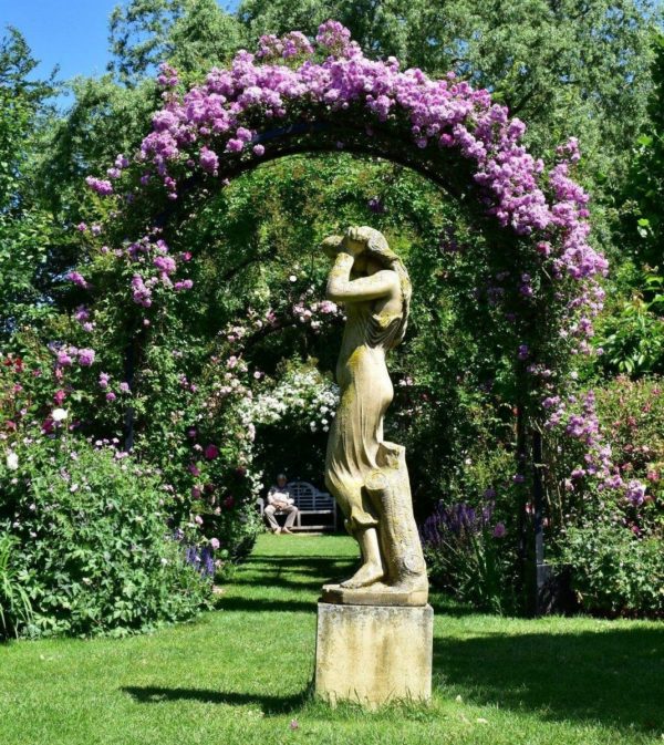 Portofino Romanesque Rose Arch with two planters, providing growing support to a 'Mannington Mauve Rambler' by Peter Beales