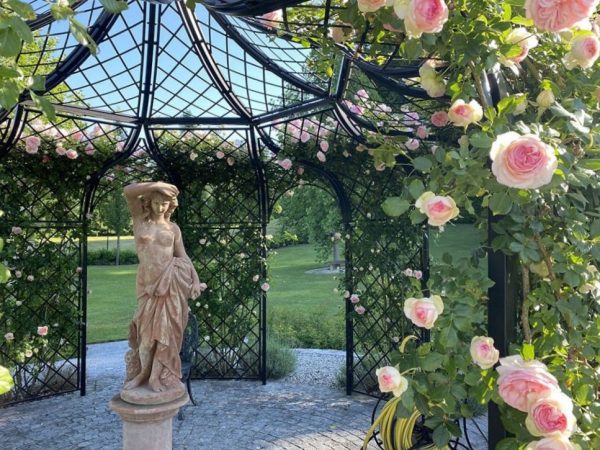 Internal view of the Schoenbrunn Wrought-Iron Gazebo by Classic Garden Elements with English roses and statue
