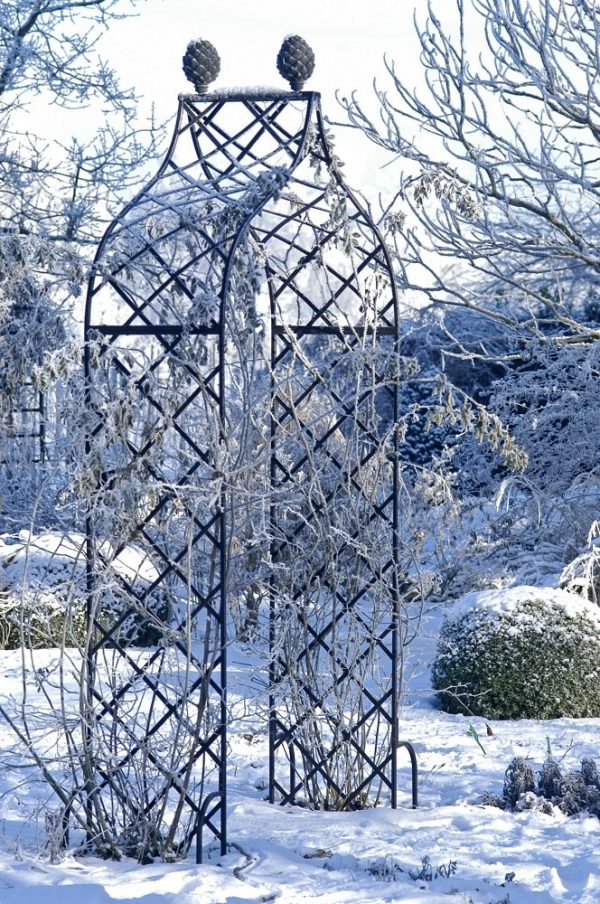 Kiftsgate Victorian Rose Arch by Classic Garden Elements, covered with hoar frost in winter