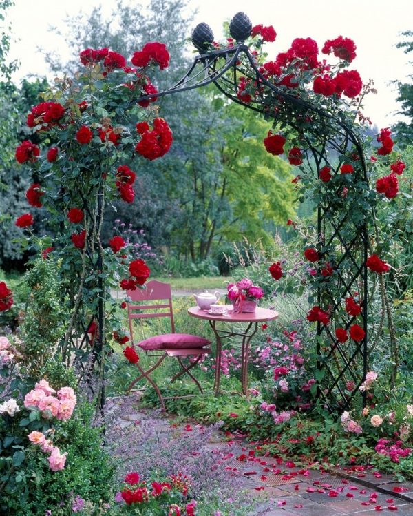 Table and chair set up beneath a Classic Garden Elements rose arch covered in roses