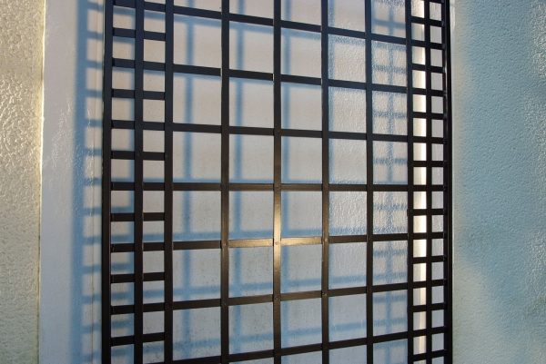 Close-up of the exclusive Poundbury Metal Wall Trellis by Classic Garden Elements casting shadows on the house wall